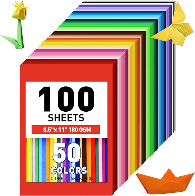MAXECHO 8.5" X 11" Colored Cardstock Bulk 100 Assorted Sheets in 50 Colors Construction Paper Card Stock Printer Paper for DIY Crafts, Party Decorations, Cricut, 180 GSM/65 LB