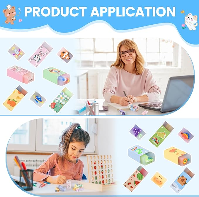 LiYiQ 100-Piece Kawaii Cute Animal Pencil Eraser for Kids, Back to School Supplies, Non-Toxic Rubber, Rectangular