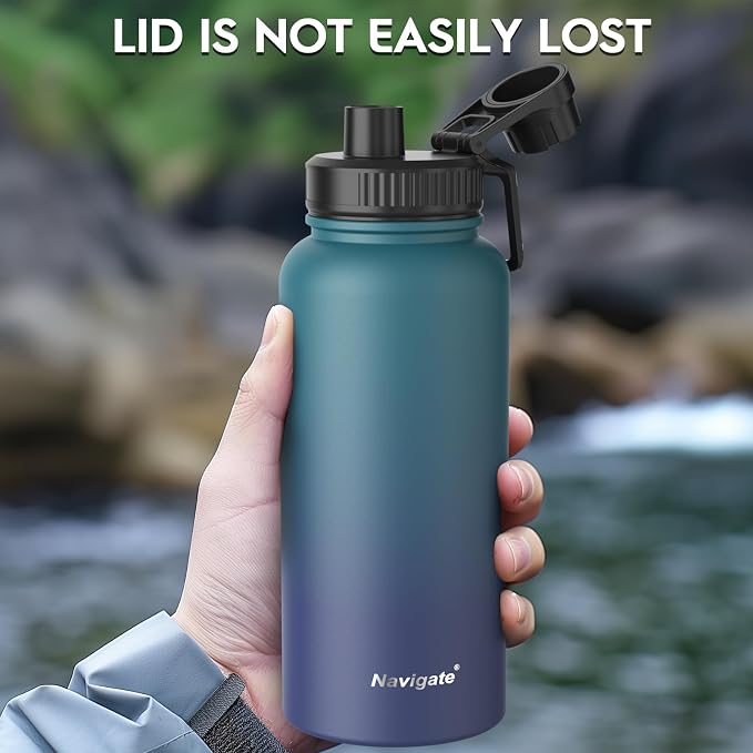 Navigate 32oz Insulated Water Bottle for Sports, Keep Cold 24H | 2-in-1 Spout and Handle Lids, Double Leak-Proof, 18/8 Stainless Steel, BPA-Free, Wide Mouth for Hiking,Blue Gradient