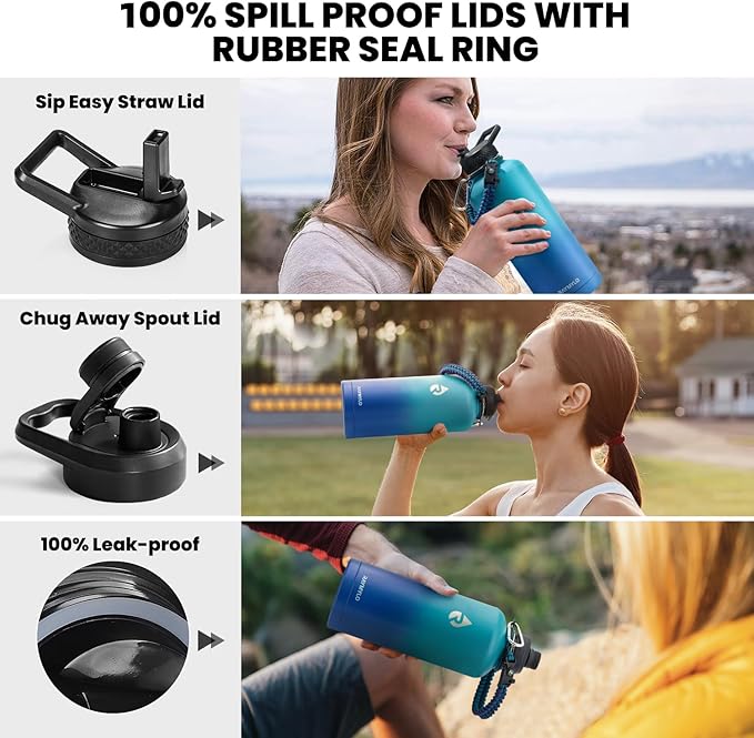 RAYMYLO Insulated Water Bottle 87 oz, Triple Wall Vacuum Stainless Steel (Cold for 48 Hrs), Leak Proof & Non-BPA, Modern Water Flask Jug with Paracord Handle & Straw Spout Lids, Cyan Blue