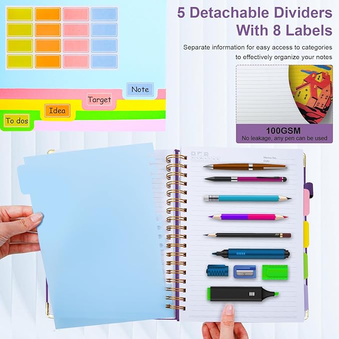 Hardcover Spiral Notebook 8.5"x11" Journal Notebook with Tabs and Removable Dividers 300 Pages 5 Subject Notebook College Ruled, Faux Leather Spiral Bound Notebook for Women School Work (Purple)