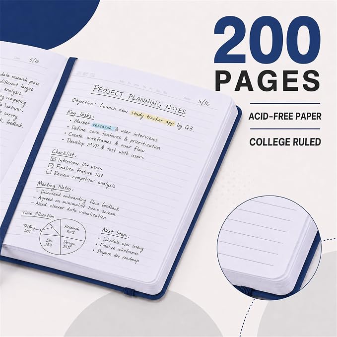 SUIN 6 Pack A5 Hardcover Lined Journal Notebooks, 200 Pages, Navy Blue