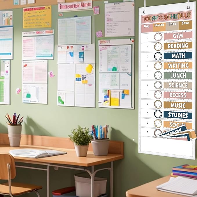 JarThenaAMCS Modern Boho Daily Schedule Pocket Chart 13 x 35.5 In Back to School 13 + 1 Pocket Visual Schedule Chart Board with 24 Card for Home Classroom Office Supplies