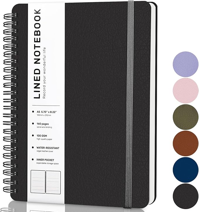 ABERLLS Lined Spiral Journal Notebook with 160 Pages, 8×5.7in, A5 Spiral Notebook, Journaling Notebooks for Work, School, Women, Men, College Ruled Spiral Notebook, Hardcover Leather Journals, Black