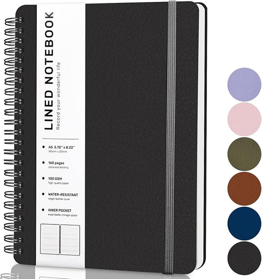 ABERLLS Lined Spiral Journal Notebook with 160 Pages, 8×5.7in, A5 Spiral Notebook, Journaling Notebooks for Work, School, Women, Men, College Ruled Spiral Notebook, Hardcover Leather Journals, Black