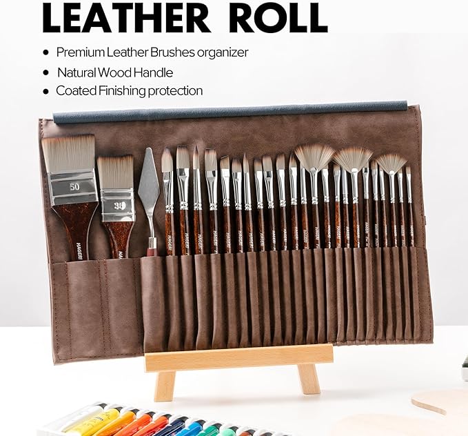 25 Pieces Paint Brushes, Expert Synthetic Nylon Bristles Paint Brush Kit with Palette Knife & Suede Leather Roll, Paint Brushes Set for Oil, Acrylic, Watercolor, Gouache and Detail Paintings