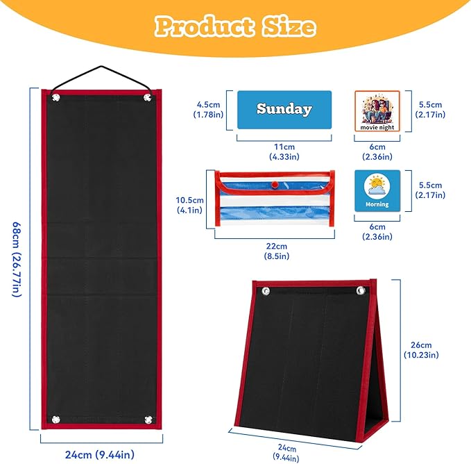 PITCOTT Visual Schedule for Kids Chore Chart，2 in 1 Daily Schedule Board Routine Pocket Chart Cards for Toddlers,Autism Learning Materials Tool Wall Planner for Home School with 103 Cards （Black）