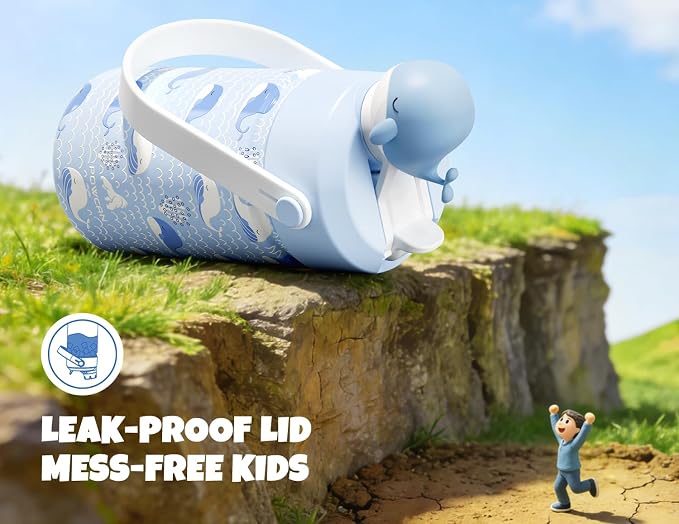 POWCAN 12 oz Kids Water Bottle for School: 2-in-1 Straw Spout Lid with Soft Animal Head, Leakproof, Backpack Friendly, Keep Cold 24H, Insulated cup for Sports, Playground, Holiday Gift (Whale Splash)