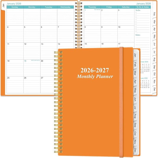 2026-2027 Monthly Planner - 18 Monthly Calendar, January 2026 - June 2027, Two Pages Per Month, 9" x11" Planner with Tabs, Strong Twin-Wire Binding, Inner Pocket, Orange