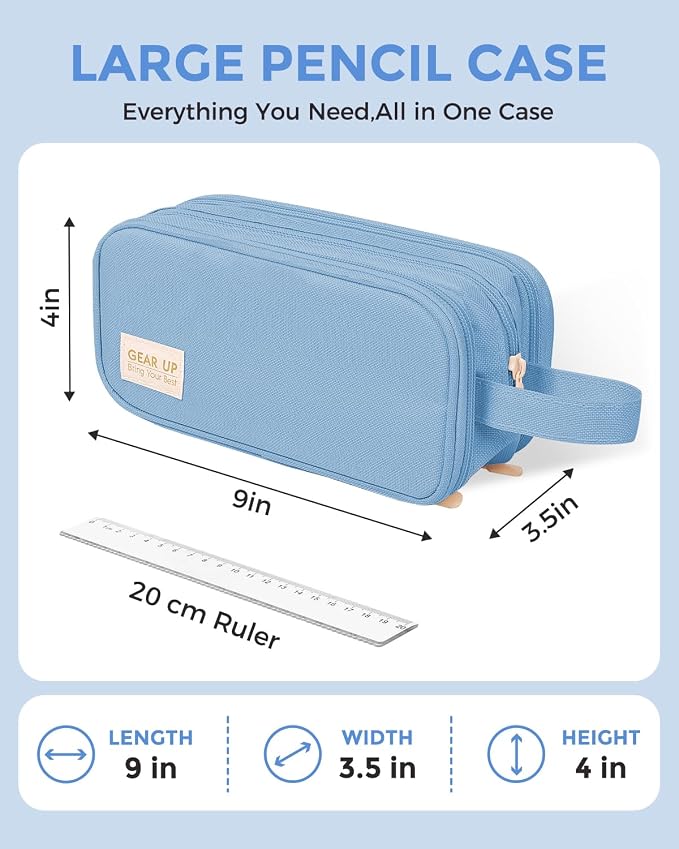 SKYDUE Large Capacity Pencil Case with Handle, 3 Compartment Canvas Pencil Pouch, Cute Soft Color Pencil Bag for Pens, Markers, Aesthetic Stationery and Organizer for Teen Girls Adult, Light Blue