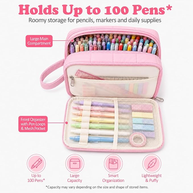 Puffer Quilted Pencil Pouch for Women, Large Capacity Organizer Bag with Multiple Compartments, Cute Aesthetic Pencil Case for Office, Travel & Daily Essentials(pink)