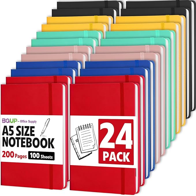 24 Pack Lined Journal Notebook for Work, 200 Pages, Medium 5.5" x 8.3", A5 College Ruled Notebook, 6 Colors, Hardcover Journaling Notebooks for Writing, Note Taking