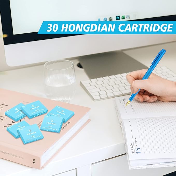 Asvine Hongdian Fountain Pen Light Blue Ink Cartridges, Set of 30 Refill Ink Cartridges, 3.4 mm Bore Diameter