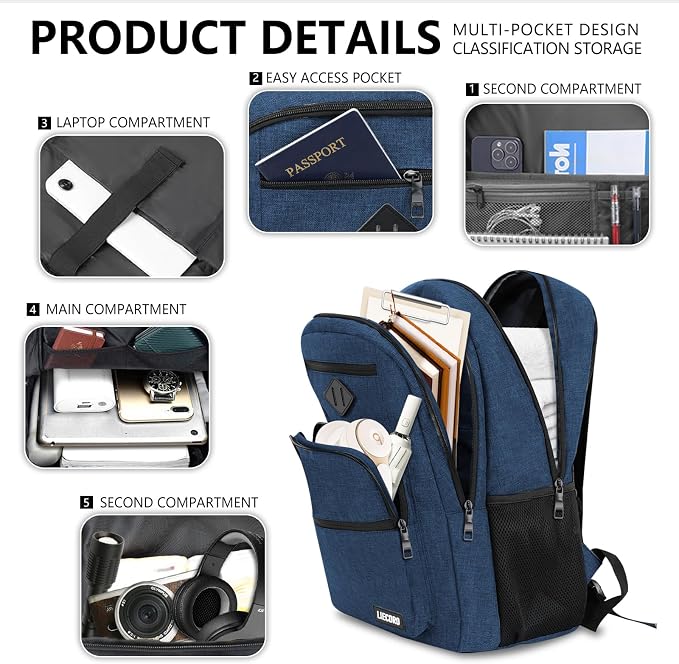 School Backpack for Boys Girls Teens, Blue Backpack for Men Women, 15.6 inch Laptop Back Pack with Reinforced Straps, Backpacks for School Business Work College Travel, College Book Bag, Bookbag