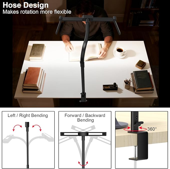 Omorepa 3 Light Bar Gooseneck Architect Desk Lamp with Clamp, 24W Bright Led Tall Overhead Desk Light for Home Office,Eye Care Reading Table Light for Desktop Working,Drafting,Reading