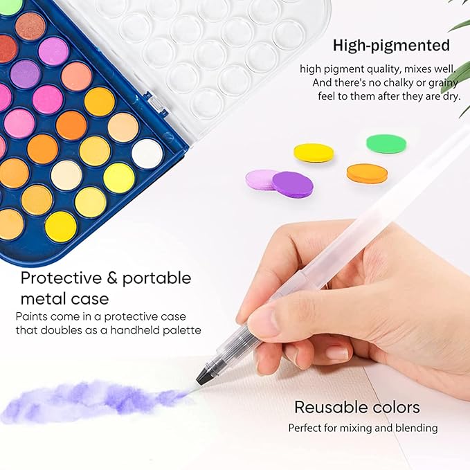 GETHPEN Watercolor Paint Set, 48 Colors Non toxic Watercolor Paint with a Brush Refillable a Water Brush Pen and Palette, Washable Water Color Paints Sets for Adults Artist Beginner