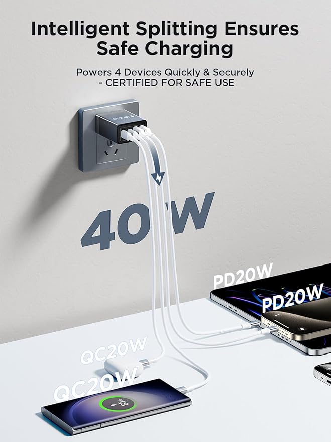 USB C Charger Block, 40W 4-Port Fast Charger 20W Type C Charging Block 3.1A USB Wall Charger Dual Port PD+QC Charging Cube for iPhone 16 15 14 13 12 Pro Max XS, iPad, Samsung Phone (Black 3Pack)