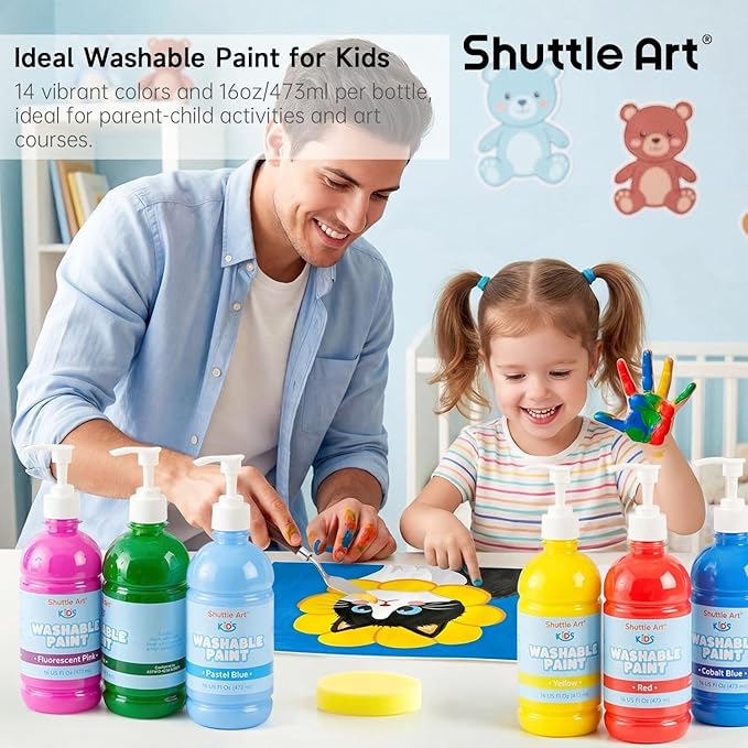 Shuttle Art 14 Colors Washable Paint for Kids, 16 oz Bulk Tempera Paint with Pump, Non-Toxic Kids Washable Paint for Art and Crafts, Home & School Must Haves