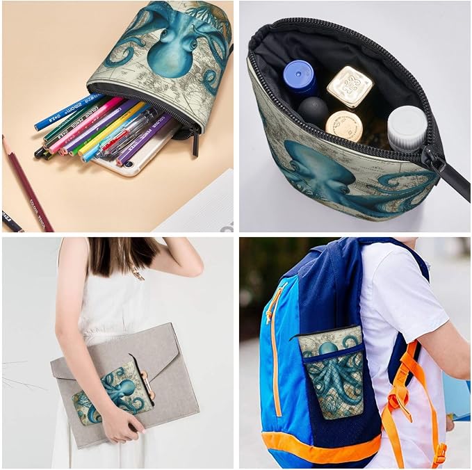 Beach Octopus Kids Standing Pencil Case Girls Boys Telescopic Stationary Pouch with Zipper Large Capacity Stand up Pen Bag Portable Makeup Holder for Children School Students Office Supplies