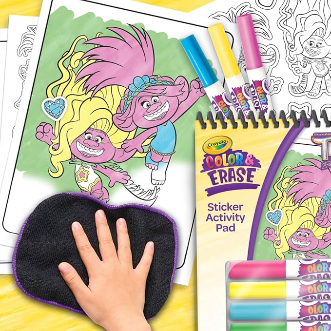 Crayola Trolls Color & Erase Sticker Activity Pad, 12 Reusable Trolls Coloring Pages & 100 Stickers, Gift