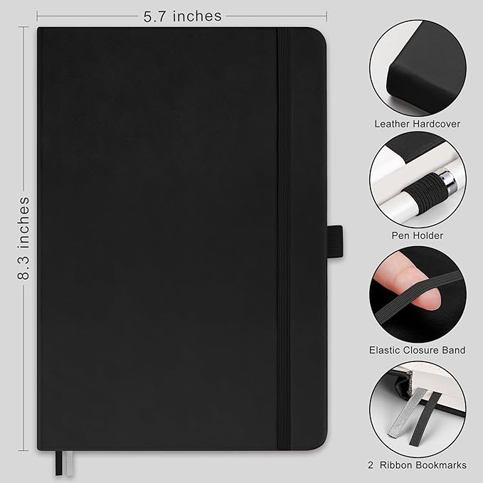 RETTACY Dotted Journal Notebook, 2-Pack, 160 Numbered Pages per Pack, A5 Medium Size (5.7'' x 8.3''), 120 GSM Thick Paper, Leather Hardcover, for Journaling, Planning, Tracking (Black & Black)