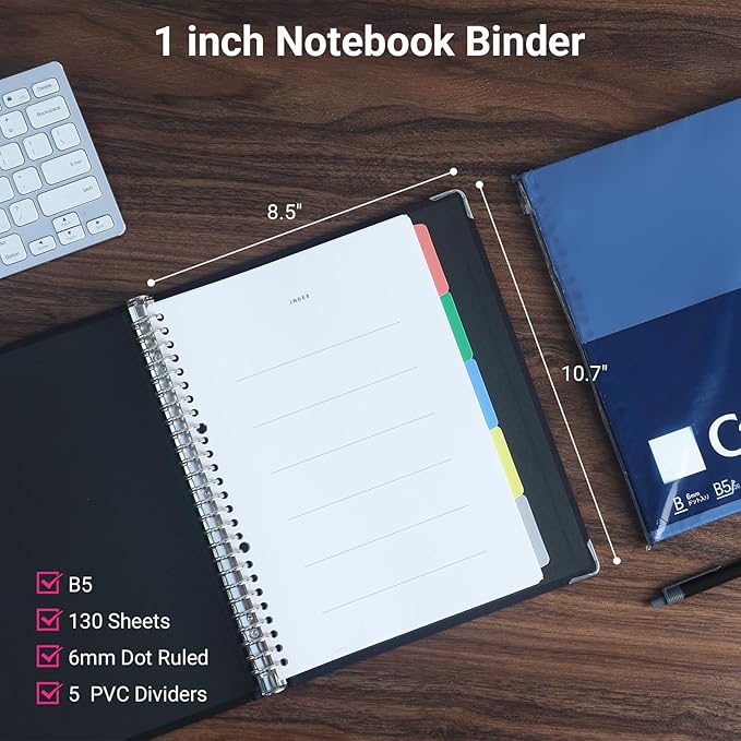 KOKUYO 5 Subject Spiral Notebook, Color Palette B5 Refillable Journal with 5 Tab Dividers, 120 Sheets in 6mm Dot Ruled Loose Leaf Paper, Business Black