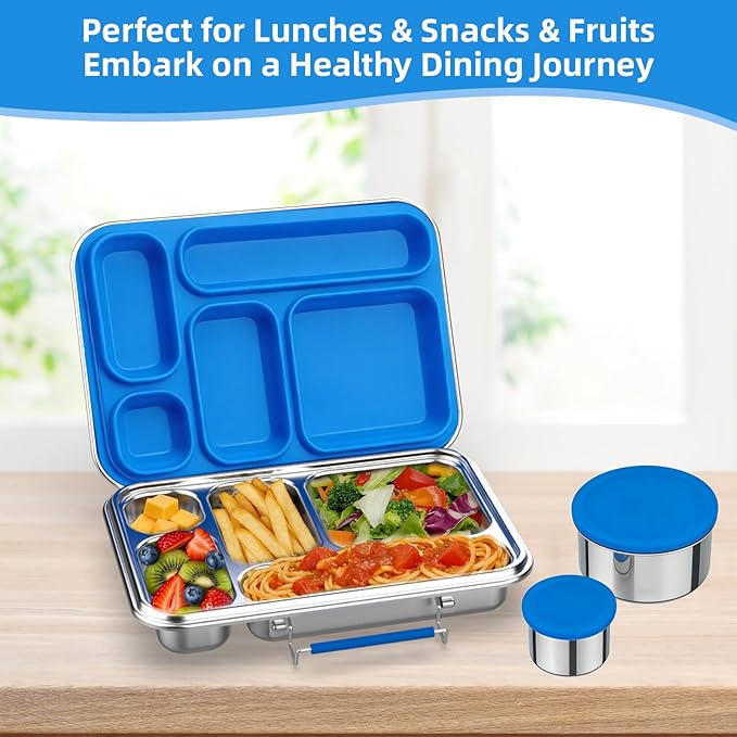 Stainless Steel Bento Box for Adults, 31.6 oz Leakproof 5-Compartment Metal Lunch Box with 2 Sauce Containers, BPA-Free Food Container for Work Office Picnic, Dishwasher Safe Blue