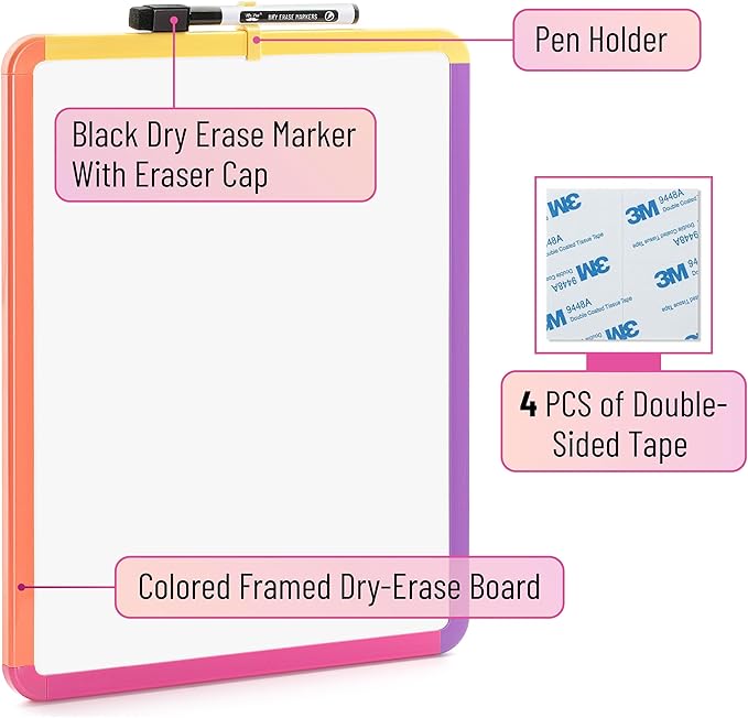 Mr. Pen- Dry Erase Board, 14” x 11” with a Black Dry Erase Marker, Colorful Frame, Small Mini White Board for Students, Fridge, Wall, Locker, Includes Double Sided Tapes