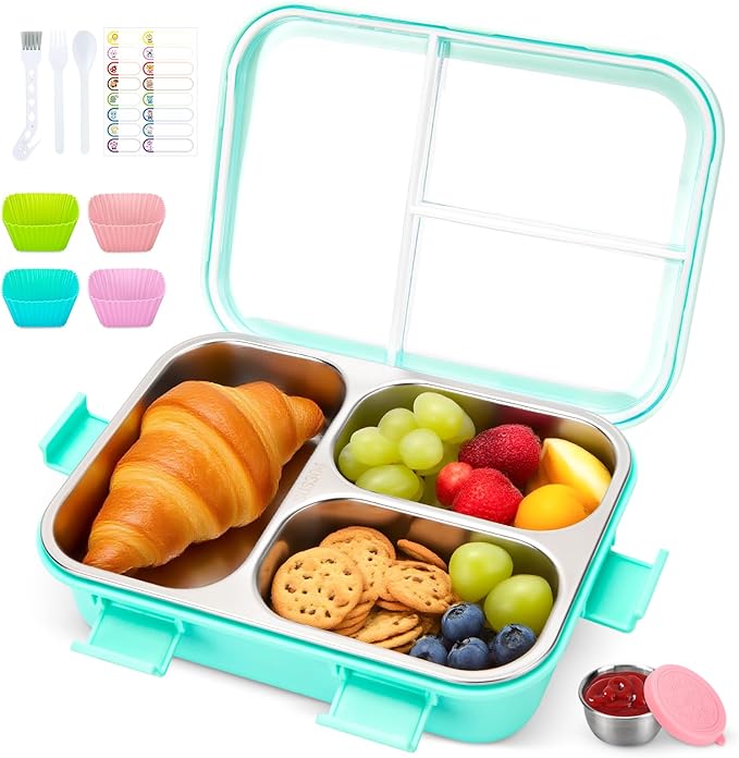 Kids Stainless Steel Bento Box, 3 Compartments Leakproof Lunch Box, Portable Food Storage Containers with Silicone Lids BPA-Free for Office, Picnics, Travel, Blue