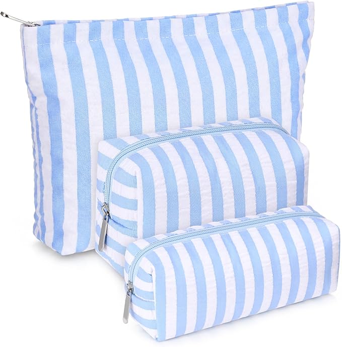 Huhumy 3 Pcs Makeup Bag Set Cute Cosmetic Pouch for Women Aesthetic Seersucker Travel Toiletry Bag Set Preppy Small Makeup Purse Pouch Wide Stripe Cosmetic Organizer Pencil Case with Zipper(Blue)