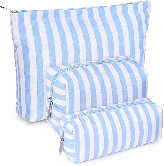 Huhumy 3 Pcs Makeup Bag Set Cute Cosmetic Pouch for Women Aesthetic Seersucker Travel Toiletry Bag Set Preppy Small Makeup Purse Pouch Wide Stripe Cosmetic Organizer Pencil Case with Zipper(Blue)