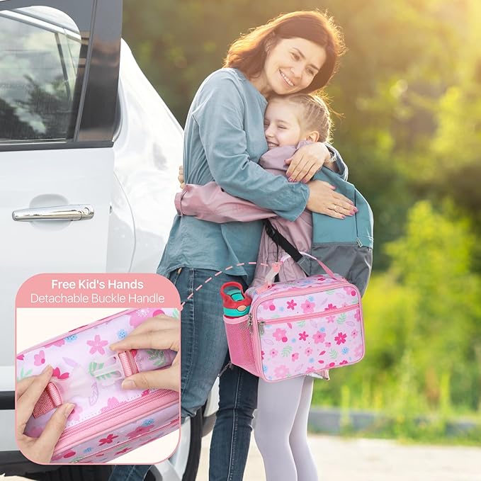 Bagseri Kids Lunch Bag Girls - Thermal Insulated Lunch Box Tote with Water Bottle Holder, Reusable Leak-Proof Kids Lunch Box for Daycare & School, Pink Floral (Containers Not Included)