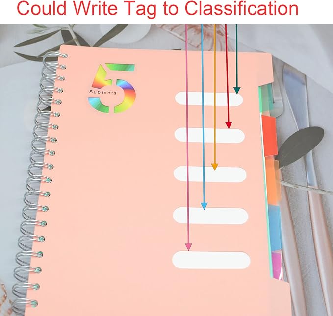 5 Subject Notebook, 1 Pcs Pink 10 Inch x 7 Inch B5 Spiral Notebook With Waterproof Plastic Softcover, 300 Pages 80 Gsm College Ruled Papers With 5 Sheets Colorful Movable Dividers (Pink)
