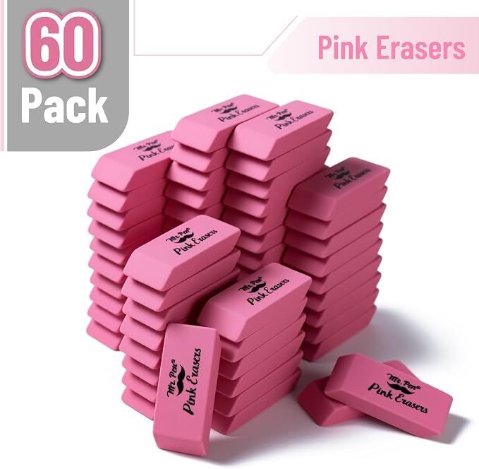 Mr. Pen- Pink Pencil Eraser Bulk, 60 Pack