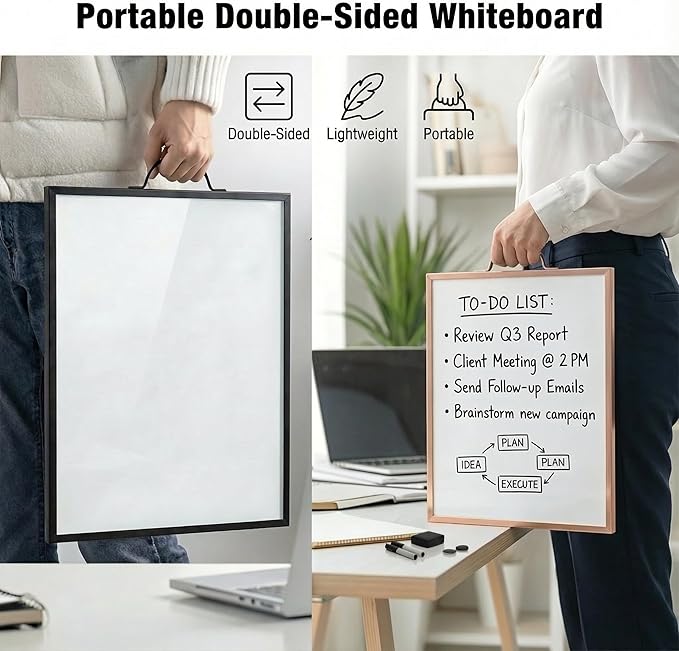 Magnetic Dry Erase Board 12x16 with Handle, Double Sided Portable Rose Gold Whiteboard for Home, Office, School & Kitchen, Includes Weekly & Monthly Magnetic Planner Sheets
