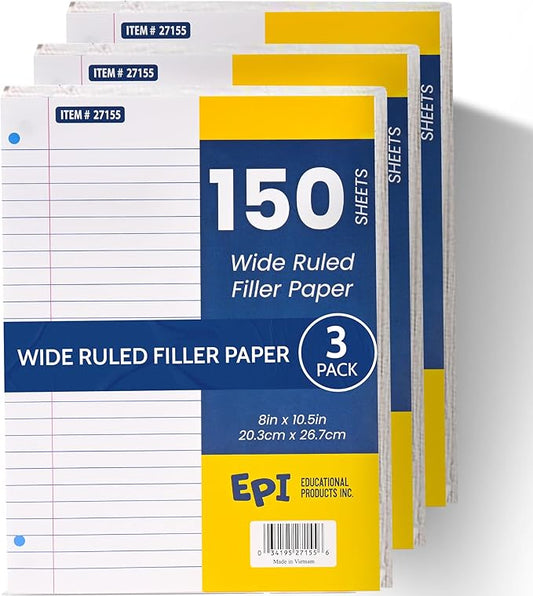 EPI Filler Paper | Wide Ruled | Loose Leaf, 3-Hole Punched, 10.5 x 8 in, 150 Sheets | School, Office, Notes, Binder Refill - 3 Pack