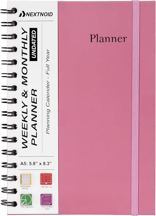 Undated Monthly and Weekly Planner - 12 Month Calendar Planner Notebook with Week Days - Hardcover Undated Planners Blank Agenda Book - A5 Rose Pink
