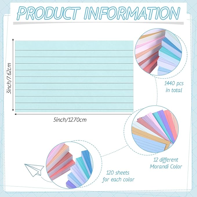 Ctosree 1440 Pcs Colored Index Cards 3 x 5 Inch Flash Cards for Studying Lined Study Note Sheets with Printed Ruled on Both Sides for Studying Memory Learning School, 12 Colors(Soft Color)