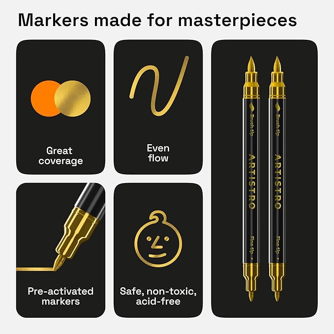 ARTISTRO 2 Gold Dual-Tip Fabric Markers - Fabric Decorating Kit - Permanent for Clothes - Acrylic Paint Pens for Sneakers, Bags, Shoes, Textile, Canvas, Sewing, Craft, DIY - Brush and Fine Tip