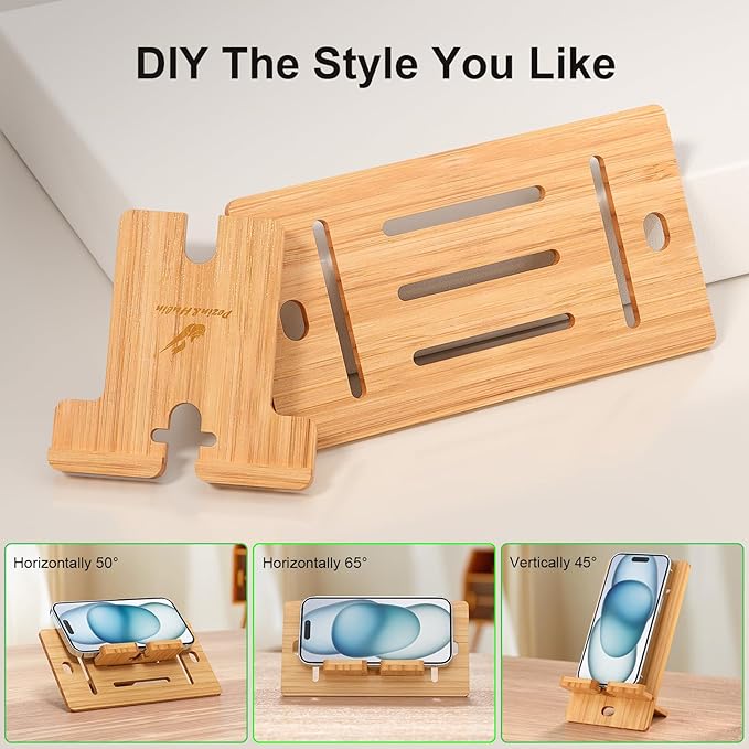 Pezin & Hulin Wooden Bamboo Cell Phone Stand, Wood Charging Dock Holder, Portable Desktop Phone Rack, Compatible with Mobile Phone and Tablet -Slim Version