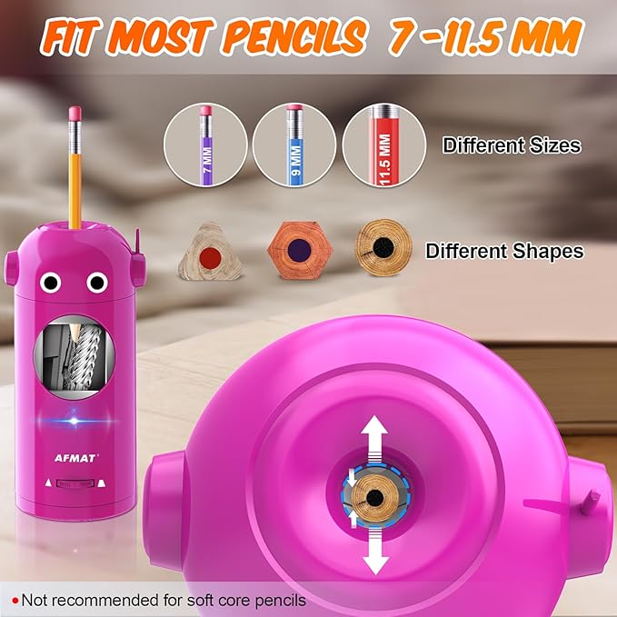 AFMAT Electric Pencil Sharpener for Colored Pencils 7-11.5mm, Fully Automatic Robot Pencil Sharpener, Auto in & Out, Rechargeable Hands-Free for Classroom/Home/Office, Battery Operated, PSX5RB, Pink
