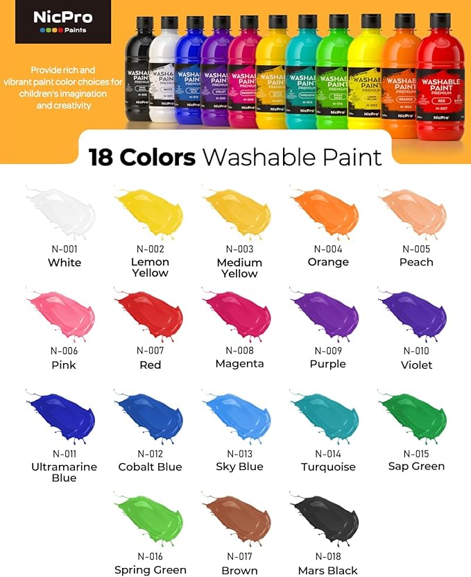Nicpro 18 Colors Large Washable Paint Set for Kid (8.45oz), Acrylic Bulk Paint Supplies Non Toxic Tempera Paint for Art, Craft DIY, Poster & Finger Paint, School, Home, Teacher Classroom Must Haves