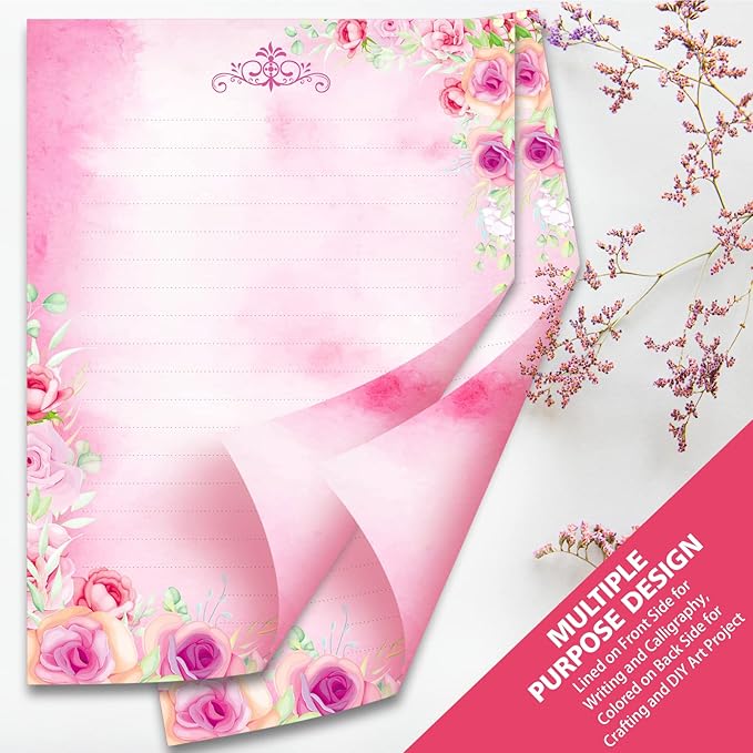 Anzon Mories 72 Pieces Cute Stationary Writing Paper and Envelope Set (2 Sides Colored, 1 Side Lined) 48 Sheets, 24 Pcs Envelopes, Flower Letter Stationery Floral Decoration (Inches, 5.5 x 7.5)