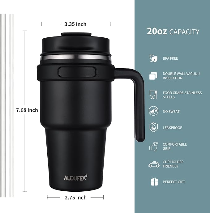 20 oz Insulated Coffee Mug Tumbler with Handle, Stainless Steel Travel Mug Tumbler with Lid and Straw, Double Wall Vacuum Leak Proof Ice Coffee Thermal Cup, Lavender Glitter