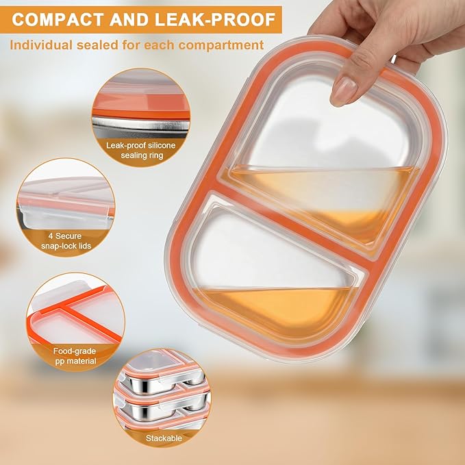 XIANKE 3Pack Stainless Steel Lunch Box, 27oz/800ml Snack Containers with Lids, Stainless Steel Food Storage Container with Lockable Clip, Leak-proof, Dishwasher-Safe Snack Box for Travel, Work