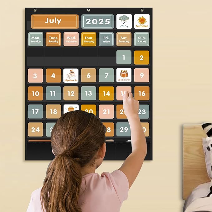REGELETO Boho 46+3 Pockets Calendar Pocket Chart with 92 Cards for Classroom,Large Size: 28.75 x 24 inch Black Monthly Calendar and Weather Pocket Chart for Students Learning for Home or School