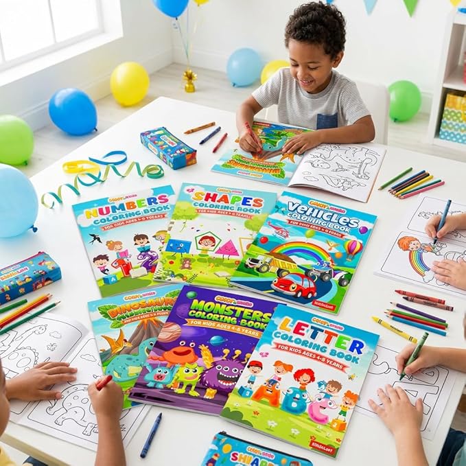 KiddieLoot Coloring Books for Kids Ages 4-8 - (Pack of 12) 8.5x11 Size Book w/Dinosaurs, Monsters, Vehicles, Alphabet, Numbers & Shapes - Kids Coloring Books Variety Set for Boys & Girls Color Gift