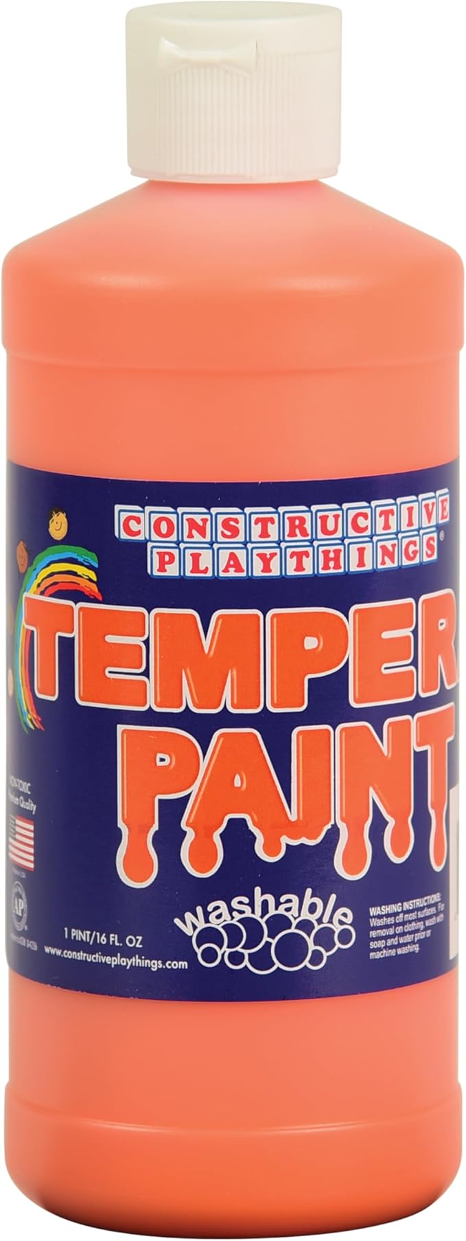 Constructive Playthings Washable Tempera Paint for Kids, Classroom Painting Supplies, 1 Pint, Orange