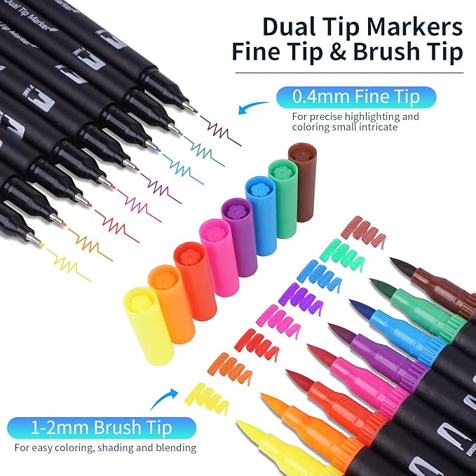 Swemos Markers for Adult Coloring Book, 120 Colors Art Markers Set Dual Tip Brush Pen, Coloring Markers Fine Point Kids Artist Drawing Paintings Diaries Journaling Art projects Art Supplies with Case