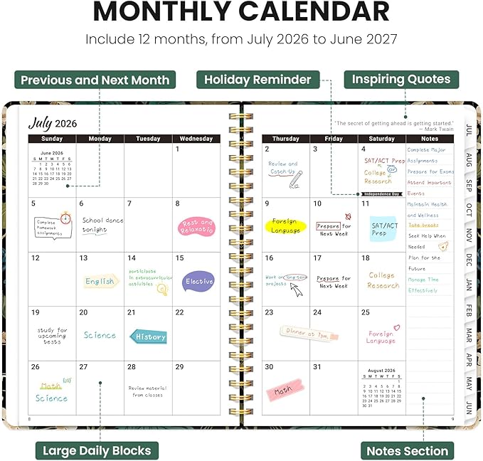 Planner 2026-2027, Hardcover Monthly and Weekly Academic Planner July 2026 - June 2027, Teacher and Student Calendar Agenda Book with Tabs, A4 (8.5" x 11"), Ideal for School and Office, Forest Botanica